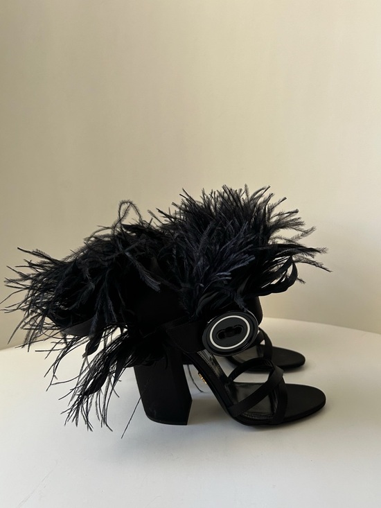 Prada Shoes - Prada Black Feather-Trim Strappy Block Heel Sandals
